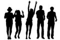 Vector silhouettes of a group of people, men and women, stand tall, cheerful, bodies in light summer clothes, in various poses, in